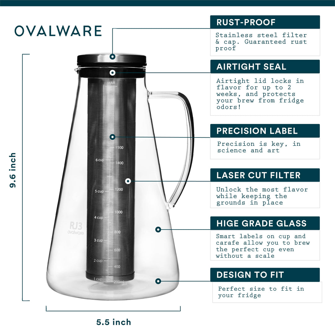 Ovalware Airtight Cold Brew Iced Coffee Maker Pitcher and Tea Infuser with Spout | 1.5L